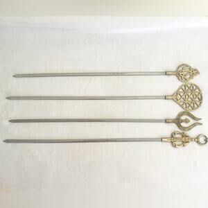 4 Vintage Turkish Greek Inoxidable Brass Steel Kebab Skewers, Barbecue, Grill